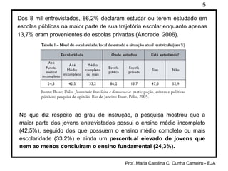 Dos 8 mil entrevistados, 86,2% declaram estudar ou terem estudado em escolas públicas na maior parte de sua trajetória escolar,enquanto apenas 13,7% eram provenientes de escolas privadas (Andrade, 2006). No que diz respeito ao grau de instrução, a pesquisa mostrou que a maior parte dos jovens entrevistados possui o ensino médio incompleto (42,5%), seguido dos que possuem o ensino médio completo ou mais escolaridade (33,2%) e ainda um  percentual elevado de jovens que nem ao menos concluíram o ensino fundamental (24,3%). 