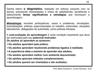Ganha relevo  o diagnóstico , realizado em esforço conjunto com os alunos, precisando necessidades e meios de satisfazê-las, escolhendo e selecionando  temas significativos e estratégias  que favoreçam a aprendizagem. Metodologia:  reuniões participativas, casos e problemas, simulações, dramatizações, práticas supervisionadas no trabalho, entrevistas, situações laboratoriais, delegações de autoridade, como práticas eficazes. A  auto-avaliação da aprendizagem  é outra condição importante que deve ser estimulada pelo seu  potencial motivador . Os adultos só aprendem se quiserem; Os adultos aprendem pela prática; Os adultos aprendem resolvendo problemas ligados à realidade; A experiência afeta a maneira de aprender dos adultos; Os adultos aprendem melhor num ambiente descontraído; Os adultos apreciam métodos complementares; Os adultos querem ser orientados e não avaliados. 