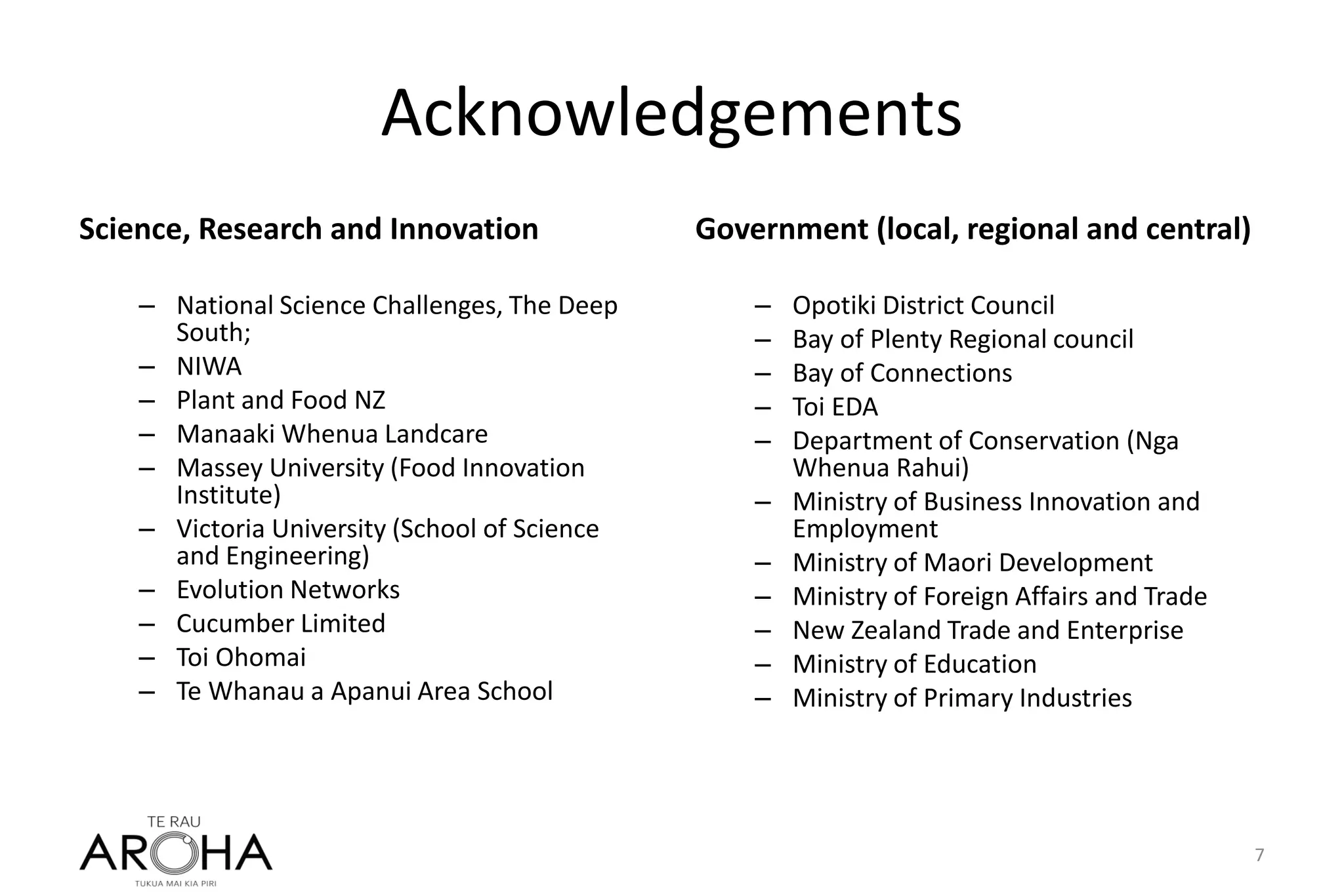 Acknowledgements
Science, Research and Innovation
– National Science Challenges, The Deep
South;
– NIWA
– Plant and Food NZ
– Manaaki Whenua Landcare
– Massey University (Food Innovation
Institute)
– Victoria University (School of Science
and Engineering)
– Evolution Networks
– Cucumber Limited
– Toi Ohomai
– Te Whanau a Apanui Area School
Government (local, regional and central)
– Opotiki District Council
– Bay of Plenty Regional council
– Bay of Connections
– Toi EDA
– Department of Conservation (Nga
Whenua Rahui)
– Ministry of Business Innovation and
Employment
– Ministry of Maori Development
– Ministry of Foreign Affairs and Trade
– New Zealand Trade and Enterprise
– Ministry of Education
– Ministry of Primary Industries
7
 