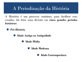 A História é um processo contínuo, para facilitar seus
estudos, foi feita uma divisão em cinco grandes períodos
históricos:
 Idade Antiga ou Antiguidade
 Idade Média
 Idade Moderna
 Idade Contemporânea
A Divisão da HistóriaA Periodização da História
 Pré-História
 