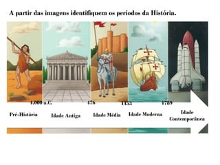 A partir das imagens identifiquem os períodos da História.
Pré-História Idade Antiga Idade Média Idade Moderna Idade
Contemporânea
4.000 a.C. 476 1453 1789
 