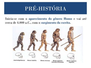 PRÉ-HISTÓRIA
Inicia-se com o aparecimento do gênero Homo e vai até
cerca de 4.000 a.C., com o surgimento da escrita.
 