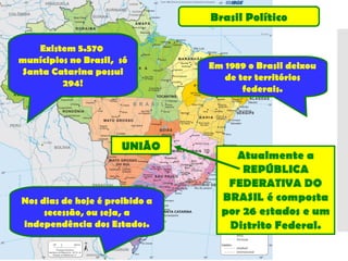 Brasil Político
UNIÃO
Existem 5.570
munícipios no Brasil, só
Santa Catarina possui
294!
Em 1989 o Brasil deixou
de ter territórios
federais.
Nos dias de hoje é proibido a
secessão, ou seja, a
independência dos Estados.
 