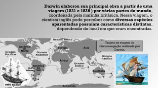 Darwin elaborou sua principal obra a partir de uma
viagem (1831 e 1836 ) por várias partes do mundo,
coordenada pela marinha britânica. Nessa viagem, o
cientista inglês pode perceber como diversas espécies
aparentadas possuíam características distintas,
dependendo do local em que eram encontradas.
Trajeto da viagem de
circunavegação realizada por
Darwin.
 