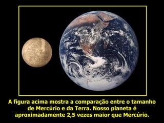 A figura acima mostra a comparação entre o tamanho
de Mercúrio e da Terra. Nosso planeta é
aproximadamente 2,5 vezes maior que Mercúrio.
 