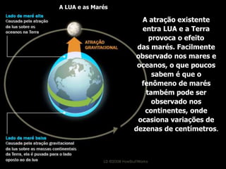A atração existente
entra LUA e a Terra
provoca o efeito
das marés. Facilmente
observado nos mares e
oceanos, o que poucos
sabem é que o
fenômeno de marés
também pode ser
observado nos
continentes, onde
ocasiona variações de
dezenas de centímetros.
A LUA e as Marés
 