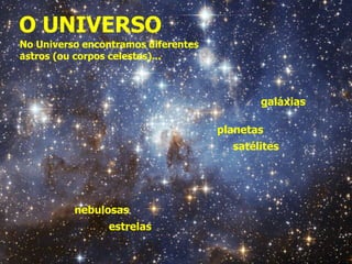 O UNIVERSO
estrelas
galáxias
planetas
satélites
nebulosas
No Universo encontramos diferentes
astros (ou corpos celestes)...
 