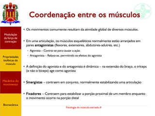 Fisiologia do músculo estriado II
Coordenação entre os músculos
●
Os movimentos comumente resultam da atividade global de diversos músculos.
●
Em uma articulação, os músculos esqueléticos normalmente estão arranjados em
pares antagonistas (flexores, extensores, abdutores-adutres, etc.)
– Agonista – Contrai-se para causar a ação
– Antagonista – Relaxa-se, permitindo os efeitos do agonista
●
A definição do agonista e do antagonista é dinâmica – na extensão do braço, o tríceps
(e não o bíceps) age como agonista
●
Sinergistas – contraem em conjunto, normalmente estabilizando uma articulação
●
Fixadores – Contraem para estabilizar a porção proximal de um membro enquanto
o movimento ocorre na porção distal
Propriedades
biofísicas do
músculo
Modulação
da força de
contração
Mecânica do
movimento
Biomecânica
 