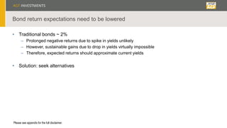 Bond return expectations need to be lowered
• Traditional bonds ~ 2%
– Prolonged negative returns due to spike in yields unlikely
– However, sustainable gains due to drop in yields virtually impossible
– Therefore, expected returns should approximate current yields
• Solution: seek alternatives
Please see appendix for the full disclaimer.
 