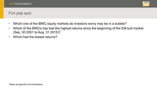 Fun pop quiz
• Which one of the BRIC equity markets do investors worry may be in a bubble?
• Which of the BRICs has had the highest returns since the beginning of the EM bull market
(Sep. 30 2001 to Aug. 31 2015)?
• Which had the lowest returns?
Please see appendix for the full disclaimer.
 