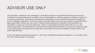ADVISOR USE ONLY
The information contained in this presentation is intended for advisors for general informational use only and is
compiled from sources believed to be reliable, but no representation or warranty, express or implied, is made as to
its accuracy. All opinions contained in the presentation expressed by Sun Life Global Investments (Canada) Inc.
and/or its affiliates (collectively, "SLGI") are subject to change without notice and are provided in good faith without
legal responsibility. Please note, any future or forward looking statements contained in this presentation are
speculative in nature and cannot be relied upon. There is no guarantee that these events will occur or in the
manner speculated. This presentation is not intended to provide specific financial, tax, insurance, investment, legal
or accounting advice and should not be relied upon in that regard and does not constitute a specific offer to buy
and/or sell securities.
© Sun Life Global Investments (Canada) Inc., 2015. Sun Life Global Investments (Canada) Inc. is a member of the
Sun Life Financial group of companies.
 