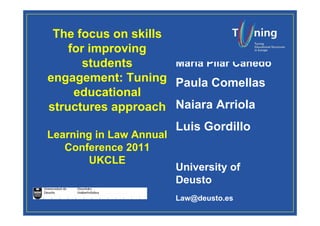 The focus on skills
    for improving
       students      María Pilar Canedo
engagement: Tuning Paula Comellas
     educational
structures approach Naiara Arriola
             pp
                         Luis Gordillo
Learning in Law Annual
       g
   Conference 2011
       UKCLE
                         University of
                         U i    it f
                         Deusto
                         Law@deusto.es
 