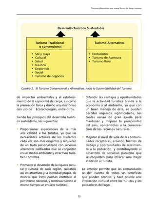 Turismo alternativo una nueva forma de hacer turismo




                               Desarrollo Turístico Sustentable



               Turismo Tradicional                             Turismo Alternativo
                 o convencional

           •   Sol y playa                                • Ecoturismo
           •   Cultural                                   • Turismo de Aventura
           •   Salud                                      • Turismo Rural
           •   Náutico
           •   Deportivo
           •   Social
           •   Turismo de negocios



   Cuadro 2. El Turismo Convencional y Alternativo, hacia la Sustentabilidad del Turismo.


de impactos ambientales y el estableci-               • Difundir las ventajas y oportunidades
miento de la capacidad de carga, así como               que la actividad turística brinda a la
la planeación física y diseño arquitectónico            economía y al ambiente, ya que con
con uso de Ecotecnologías, entre otros.                 un buen manejo de ésta, se pueden
                                                        percibir ingresos significativos, los
Siendo los principios del desarrollo turísti-           cuales serían de gran ayuda para
co sustentable, los siguientes:                         mantener y mejorar la prosperidad
                                                        del país, aplicándolos a la conserva-
• Proporcionar experiencias de la más                   ción de los recursos naturales.
  alta calidad a los turistas, ya que las
  necesidades actuales de los visitantes              • Mejorar el nivel de vida de las comuni-
  cada vez son más exigentes y requieren                dades receptoras, creando fuentes de
  de un trato personalizado con servicios               trabajo y oportunidades de crecimien-
  altamente calificados que se conjunten                to a la población, y contribuyendo al
  en un medio ambiente y atractivos turís-              desarrollo de servicios paralelos que
  ticos óptimos.                                        se conjunten para ofrecer una mejor
                                                        atención al turista.
• Promover el desarrollo de la riqueza natu-
  ral y cultural de cada región, cuidando             Lo anterior permite que las comunidades
  así los atractivos y la identidad propia, de        se den cuenta de todos los beneficios
  manera que éstos puedan contribuir al               que pueden percibir, y hace posible una
  patrimonio nacional, y continuar siendo al          interacción cultural entre los turistas y los
  mismo tiempo un enclave turístico.                  pobladores del lugar.


                                                 13
 