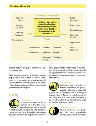 El turismo alternativo




                                  Turismo de Aventura
        Vuelo en                                                              Buceo
          Globo                                                               Autónomo
                                  Los viajes que tienen
                                   como fin el realizar
       Vuelo en                                                               Buceo Libre
                                  actividades recreativas,
       Ala Delta
                                  asociadas a desafíos
                                                                              Espeleobuceo
                                    impuestos por la
       Vuelo en                         naturaleza.
                       Aire                                         Agua
      Parapente                                                               Descenso
                                                                              en Ríos
   Paracaidísmo                            Tierra
                                                                              Kayaquismo

                         Montañismo Escalada             Caminata             Pesca
                                                                              Recreativa
                         Canoismo       Espeleísmo       Rappel

                                        Ciclismo de Cabalgata
                                        Montaña



espacio natural en que se desarrollan: tie-          estar previamente establecidas y dosifica-
rra, agua y aire.                                    das de acuerdo al perfil del turista que la
                                                     va a practicar (niños, jóvenes, adultos, ter-
Cabe mencionar que las actividades que en            cera edad, grupos pequeños o numerosos,
seguida se anotan, no son las únicas cono-           entre otros).
cidas en el mercado, sin embargo para el
caso de México son las que se están desa-                          • Espeleísmo:
rrollando por las características geográficas                      Actividad que consiste en
y climatológicas del país.                                         realizar descensos en grutas,
                                                                   cuevas, sótanos y cavernas
                                                     y apreciar las diferentes estructuras geo-
Tierra                                               lógicas, flora y fauna. La espeleología es
                                                     una disciplina que tiene fines científicos y
              • Caminata:                            de investigación; el espeleísmo tiene fines
              La forma principal de loco-            recreativos y de apreciación.
              moción en el hombre se ha
              convertido en una actividad                         • Escalada en Roca:
recreativa. Esta actividad es una de las de                       Implica el ascenso por pare-
mayor aceptación y demanda. Las rutas o                           des de roca empleando
circuitos de caminata de preferencia deben                        manos y pies como elemento


                                                26
 
