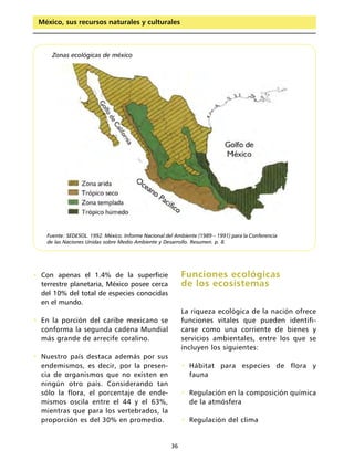 México, sus recursos naturales y culturales



      Zonas ecológicas de méxico




    Fuente: SEDESOL. 1992. México. Informe Nacional del Ambiente (1989 – 1991) para la Conferencia
    de las Naciones Unidas sobre Medio Ambiente y Desarrollo. Resumen. p. 8.




• Con apenas el 1.4% de la superficie                      Funciones ecológicas
  terrestre planetaria, México posee cerca                 de los ecosistemas
  del 10% del total de especies conocidas
  en el mundo.
                                                           La riqueza ecológica de la nación ofrece
• En la porción del caribe mexicano se                     funciones vitales que pueden identifi-
  conforma la segunda cadena Mundial                       carse como una corriente de bienes y
  más grande de arrecife coralino.                         servicios ambientales, entre los que se
                                                           incluyen los siguientes:
• Nuestro país destaca además por sus
  endemismos, es decir, por la presen-                     • Hábitat para especies de flora y
  cia de organismos que no existen en                        fauna
  ningún otro país. Considerando tan
  sólo la flora, el porcentaje de ende-                    • Regulación en la composición química
  mismos oscila entre el 44 y el 63%,                        de la atmósfera
  mientras que para los vertebrados, la
  proporción es del 30% en promedio.                       • Regulación del clima


                                                      36
 