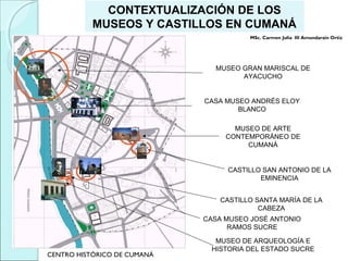 CONTEXTUALIZACIÓN DE LOS
MUSEOS Y CASTILLOS EN CUMANÁ
MUSEO GRAN MARISCAL DE
AYACUCHO
MUSEO DE ARTE
CONTEMPORÁNEO DE
CUMANÁ
CASA MUSEO ANDRÉS ELOY
BLANCO
CASA MUSEO JOSÉ ANTONIO
RAMOS SUCRE
CENTRO HISTÓRICO DE CUMANÁ
CASTILLO SAN ANTONIO DE LA
EMINENCIA
CASTILLO SANTA MARÍA DE LA
CABEZA
MUSEO DE ARQUEOLOGÍA E
HISTORIA DEL ESTADO SUCRE
MSc. Carmen Julia III Amundarain Ortiz
 