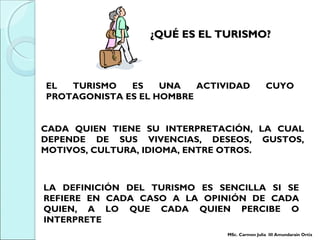 LA DEFINICIÓN DEL TURISMO ES SENCILLA SI SE
REFIERE EN CADA CASO A LA OPINIÓN DE CADA
QUIEN, A LO QUE CADA QUIEN PERCIBE O
INTERPRETE
EL TURISMO ES UNA ACTIVIDAD CUYO
PROTAGONISTA ES EL HOMBRE
CADA QUIEN TIENE SU INTERPRETACIÓN, LA CUAL
DEPENDE DE SUS VIVENCIAS, DESEOS, GUSTOS,
MOTIVOS, CULTURA, IDIOMA, ENTRE OTROS.
¿QUÉ ES EL TURISMO?¿QUÉ ES EL TURISMO?
MSc. Carmen Julia III Amundarain Ortiz
 
