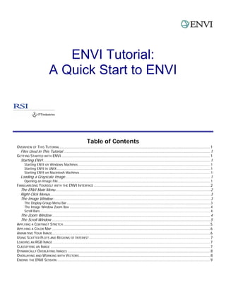 ENVI Tutorial:
A Quick Start to ENVI
Table of Contents
OVERVIEW OF THIS TUTORIAL.....................................................................................................................................1
Files Used in This Tutorial ..................................................................................................................................1
GETTING STARTED WITH ENVI....................................................................................................................................1
Starting ENVI....................................................................................................................................................1
Starting ENVI on Windows Machines.....................................................................................................................................1
Starting ENVI in UNIX..........................................................................................................................................................1
Starting ENVI on Macintosh Machines ...................................................................................................................................1
Loading a Grayscale Image ................................................................................................................................1
Opening an Image File.........................................................................................................................................................1
FAMILIARIZING YOURSELF WITH THE ENVI INTERFACE .......................................................................................................2
The ENVI Main Menu.........................................................................................................................................2
Right-Click Menus..............................................................................................................................................3
The Image Window...........................................................................................................................................3
The Display Group Menu Bar................................................................................................................................................3
The Image Window Zoom Box .............................................................................................................................................4
Scroll Bars...........................................................................................................................................................................4
The Zoom Window ............................................................................................................................................4
The Scroll Window ............................................................................................................................................5
APPLYING A CONTRAST STRETCH..................................................................................................................................5
APPLYING A COLOR MAP ............................................................................................................................................6
ANIMATING YOUR IMAGE............................................................................................................................................6
USING SCATTER PLOTS AND REGIONS OF INTEREST...........................................................................................................7
LOADING AN RGB IMAGE ...........................................................................................................................................7
CLASSIFYING AN IMAGE .............................................................................................................................................7
DYNAMICALLY OVERLAYING IMAGES ..............................................................................................................................8
OVERLAYING AND WORKING WITH VECTORS....................................................................................................................8
ENDING THE ENVI SESSION .......................................................................................................................................9
 