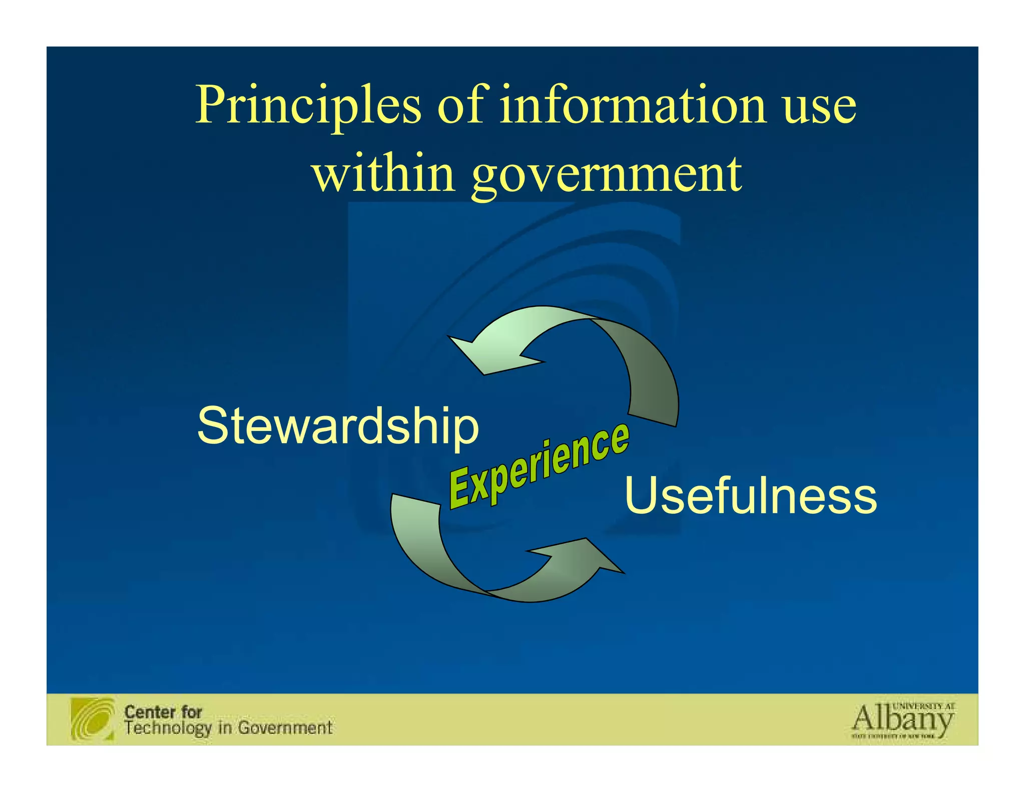 Principles of information use
     within government



Stewardship
                  Usefulness
 
