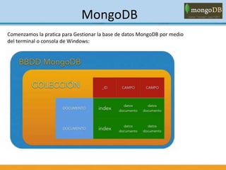 MongoDB
Comenzamos la pratica para Gestionar la base de datos MongoDB por medio
del terminal o consola de Windows:
 