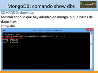 MongoDB: comando show dbs
COMANDO: show dbs
Mostrar todo lo que hay adentro de mongo o que bases de
datos hay.
show dbs
 