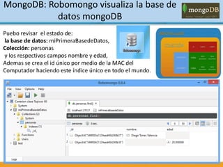 Puebo revisar el estado de:
la base de datos: miPrimeraBasedeDatos,
Colección: personas
y los respectivos campos nombre y edad,
Ademas se crea el id único por medio de la MAC del
Computador haciendo este índice único en todo el mundo.
MongoDB: Robomongo visualiza la base de
datos mongoDB
 