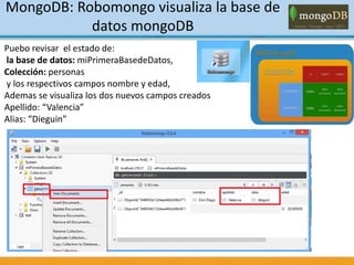 Puebo revisar el estado de:
la base de datos: miPrimeraBasedeDatos,
Colección: personas
y los respectivos campos nombre y edad,
Ademas se visualiza los dos nuevos campos creados
Apellido: “Valencia”
Alias: “Dieguin”
MongoDB: Robomongo visualiza la base de
datos mongoDB
 