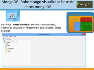 Borramos la base de datos: miPrimeraBasedeDatos,
Ademas se visualiza en Robomongo que se borro la base
de datos .
MongoDB: Robomongo visualiza la base de
datos mongoDB
 