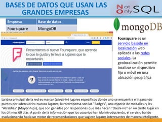 BASES DE DATOS QUE USAN LAS
GRANDES EMPRESAS
Empresa Base de datos
Foursquare MongoDB
Foursquare es un
servicio basado en
localización web
aplicada a las redes
sociales. La
geolocalización permite
localizar un dispositivo
fijo o móvil en una
ubicación geográfica
La idea principal de la red es marcar (check-in) lugares específicos donde uno se encuentra e ir ganando
puntos por «descubrir» nuevos lugares; la recompensa son las "Badges", una especie de medallas, y las
"Alcaldías" (Mayorships), que son ganadas por las personas que más hacen "check-ins" en un cierto lugar en
los últimos 60 días. A partir de la información que los usuarios han ido introduciendo, el servicio ha ido
evolucionando hacia un motor de recomendaciones que sugiere lugares interesantes de manera inteligente.
 
