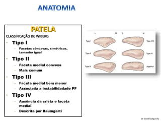 PATELA
CLASSIFICAÇÃO DE WIBERG
• Tipo I
– Facetas côncavas, simétricas,
tamanho igual
• Tipo II
– Faceta medial convexa
– Mais comum
• Tipo III
– Faceta medial bem menor
– Associada a instabilidadade PF
• Tipo IV
– Ausência da crista e faceta
medial
– Descrita por Baumgarti
Dr David Sadigursky
 
