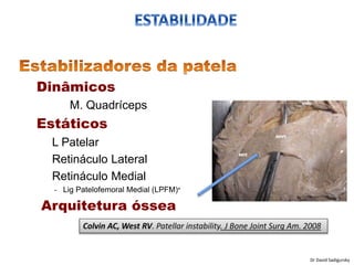 Dinâmicos
M. Quadríceps
Estáticos
L Patelar
Retináculo Lateral
Retináculo Medial
- Lig Patelofemoral Medial (LPFM)*
Arquitetura óssea
Dr David Sadigursky
 
