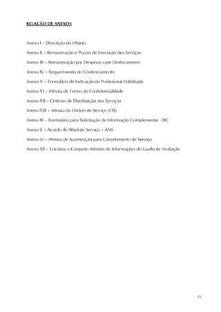 25
RELAÇÃO DE ANEXOS
Anexo I – Descrição do Objeto
Anexo II – Remuneração e Prazos de Execução dos Serviços
Anexo III – Remuneração por Despesas com Deslocamento
Anexo IV – Requerimento de Credenciamento
Anexo V – Formulário de Indicação de Profissional Habilitado
Anexo VI – Minuta de Termo de Confidencialidade
Anexo VII – Critérios de Distribuição dos Serviços
Anexo VIII – Minuta da Ordem de Serviço (OS)
Anexo IX – Formulário para Solicitação de Informação Complementar - SIC
Anexo X – Acordo de Nível de Serviço – ANS
Anexo XI – Minuta de Autorização para Cancelamento de Serviço
Anexo XII – Estrutura e Conjunto Mínimo de Informações do Laudo de Avaliação
 