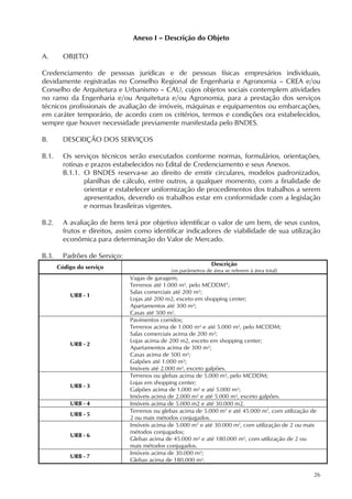 26
Anexo I – Descrição do Objeto
A. OBJETO
Credenciamento de pessoas jurídicas e de pessoas físicas empresários individuais,
devidamente registradas no Conselho Regional de Engenharia e Agronomia – CREA e/ou
Conselho de Arquitetura e Urbanismo – CAU, cujos objetos sociais contemplem atividades
no ramo da Engenharia e/ou Arquitetura e/ou Agronomia, para a prestação dos serviços
técnicos profissionais de avaliação de imóveis, máquinas e equipamentos ou embarcações,
em caráter temporário, de acordo com os critérios, termos e condições ora estabelecidos,
sempre que houver necessidade previamente manifestada pelo BNDES.
B. DESCRIÇÃO DOS SERVIÇOS
B.1. Os serviços técnicos serão executados conforme normas, formulários, orientações,
rotinas e prazos estabelecidos no Edital de Credenciamento e seus Anexos.
B.1.1. O BNDES reserva-se ao direito de emitir circulares, modelos padronizados,
planilhas de cálculo, entre outros, a qualquer momento, com a finalidade de
orientar e estabelecer uniformização de procedimentos dos trabalhos a serem
apresentados, devendo os trabalhos estar em conformidade com a legislação
e normas brasileiras vigentes.
B.2. A avaliação de bens terá por objetivo identificar o valor de um bem, de seus custos,
frutos e direitos, assim como identificar indicadores de viabilidade de sua utilização
econômica para determinação do Valor de Mercado.
B.3. Padrões de Serviço:
Código do serviço
Descrição
(os parâmetros de área se referem à área total)
URB - 1
Vagas de garagem;
Terrenos até 1.000 m², pelo MCDDM*;
Salas comerciais até 200 m²;
Lojas até 200 m2, exceto em shopping center;
Apartamentos até 300 m²;
Casas até 500 m².
URB - 2
Pavimentos corridos;
Terrenos acima de 1.000 m² e até 5.000 m², pelo MCDDM;
Salas comerciais acima de 200 m²;
Lojas acima de 200 m2, exceto em shopping center;
Apartamentos acima de 300 m²;
Casas acima de 500 m²;
Galpões até 1.000 m²;
Imóveis até 2.000 m², exceto galpões.
URB - 3
Terrenos ou glebas acima de 5.000 m², pelo MCDDM;
Lojas em shopping center;
Galpões acima de 1.000 m² e até 5.000 m²;
Imóveis acima de 2.000 m² e até 5.000 m², exceto galpões.
URB - 4 Imóveis acima de 5.000 m2 e até 30.000 m2.
URB - 5
Terrenos ou glebas acima de 5.000 m2
e até 45.000 m2
, com utilização de
2 ou mais métodos conjugados.
URB - 6
Imóveis acima de 5.000 m2
e até 30.000 m2
, com utilização de 2 ou mais
métodos conjugados;
Glebas acima de 45.000 m² e até 180.000 m², com utilização de 2 ou
mais métodos conjugados.
URB - 7
Imóveis acima de 30.000 m²;
Glebas acima de 180.000 m².
 