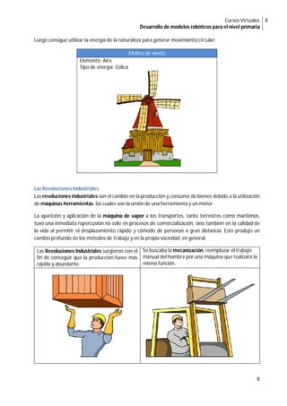 Cursos Virtuales
Desarrollo de modelos robóticos para el nivel primaria
8
8
Luego consigue utilizar la energía de la naturaleza para generar movimiento circular:
Molino de viento
Elemento: Aire
Tipo de energía: Eólica
Las Revoluciones Industriales
Las revoluciones industriales son el cambio en la producción y consumo de bienes debido a la utilización
de máquinas herramientas, las cuales son la unión de una herramienta y un motor.
La aparición y aplicación de la máquina de vapor a los transportes, tanto terrestres como marítimos,
tuvo una inmediata repercusión no solo en procesos de comercialización, sino también en la calidad de
la vida al permitir el desplazamiento rápido y cómodo de personas a gran distancia. Esto produjo un
cambio profundo de los métodos de trabajo y en la propia sociedad, en general.
Las Revoluciones Industriales surgieron con el
fin de conseguir que la producción fuese más
rápida y abundante.
Se buscaba la mecanización, reemplazar el trabajo
manual del hombre por una máquina que realizará la
misma función.
 