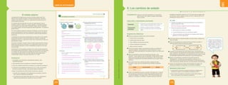 Unidad
8
LIBRO DE ACTIVIDADES
COMPRENDE Y USA CONOCIMIENTOS CIENTÍFICOS________________________________________________________________
15 Observa las imágenes y responde.
• ¿A qué estado de la materia corresponden los gráficos a,
b y c?
____________________________________________
• ¿Cuál es la diferencia que observas en cada uno de los
dibujos?
____________________________________________
____________________________________________
____________________________________________
____________________________________________
____________________________________________
____________________________________________
____________________________________________
16 Responde.
• ¿Por qué los líquidos adquieren la forma del recipiente
que los contiene?
____________________________________________
____________________________________________
____________________________________________
____________________________________________
• Según la teoría cinética, ¿por qué los sólidos tienen forma
propia y volumen fijo y es muy difícil deformarlos?
____________________________________________
____________________________________________
____________________________________________
____________________________________________
____________________________________________
17 Escribe el estado de cada sustancia a partir de las
propiedades que se mencionan.
• Sus partículas están muy unidas y su forma es fija.
____________________________________________
• Tiene forma variable. Es compresible y expansible.
____________________________________________
• Está formada por pequeñas partículas entre las cuales
existen fuerzas de atracción débiles.
____________________________________________
18 Un recipiente está lleno de aire (a). Dibuja cómo te
imaginas que estarán dispuestas las partículas en su
interior. Representa las partículas como pequeñas
bolitas. Si, a continuación, sacamos la mitad del aire,
vuelve a representar lo que queda en el recipiente (B).
______________________________________________
______________________________________________
______________________________________________
______________________________________________
19 Todas las sustancias pueden encontrarse en los tres
estados, si se dan las condiciones adecuadas. Investiga
y contesta.
• ¿Es posible encontrar hierro en estado líquido en la
Tierra?
_____________________________________________
_____________________________________________
• ¿Es posible encontrar agua en estado gaseoso?
_____________________________________________
_____________________________________________
b c
Los estados de la materia
7
EXPLICA EL MUNDO FÍSICO
a
a b
a: líquido, b: sólido, c: gaseoso.
Las partículas del líquido están menos unidas y menos ordenadas que
las del sólido, que se encuentran fuertemente unidas y muy juntas.
Además, las del sólido no cambian de posición, mientras que las
del líquido pueden desplazarse unas sobre otras. Las partículas del
gas no se encuentran unidas y están más separadas que las de los
líquidos. Se pueden mover libremente.
Los líquidos adquieren la forma del recipiente que los contiene
porque sus partículas presentan fuerzas de atracción débiles, lo cual
les otorga cierta libertad de movimiento.
De acuerdo con la teoría cinética, las partículas que forman los
sólidos están muy juntas y unidas entre sí; por ello, al moverse
no pueden cambiar de posición, aunque sí vibrar. Eso explica por
qué los sólidos tienen forma propia y volumen fijo y es muy difícil
deformarlos.
Sólido
Gaseoso
Líquido
En el dibujo a se representa el recipiente lleno de aire. En el dibujo b
aparece el mismo recipiente con la mitad de aire. Aunque tiene menos
masa de aire, el volumen sigue siendo el mismo, ya que el aire restante
ocupa nuevamente todo el volumen del recipiente.
El hierro líquido se encuentra en el núcleo de la Tierra.
El agua la encontramos en estado gaseoso en la atmósfera en forma
de humedad o vapor de agua.
133
UNIDAD 8
©
Santillana
S.
A.
Prohibido
fotocopiar.
D.
L.
822
PE0000000000468 LACTA1_130_137U8s_5316.indd 133 29/08/16 17:04
Competencia: Explica el mundo físico basándose en conocimientos
sobre los seres vivos; materia y energía; biodiversidad,
Tierra y universo.
Capacidad y desempeños precisados
Capacidad
• Comprende y usa conocimientos sobre los seres vivos;
materia y energía; biodiversidad, Tierra y universo.
Desempeños
precisados
• Identifica los cambios de estado en la naturaleza.
• Explica los procesos que ocurren en los cambios de
estado.
Sugerencias didácticas
Realizar las siguientes experiencias en forma simultánea:
• Colocar hielo en una bandeja.
• Calentar agua hasta que hierva.
• Poner naftalina en las esquinas del salón.
• Colocar mantequilla a la intemperie.
• Mojar una hoja con alcohol.
Formar cinco grupos, asignar una experiencia a cada uno y plantear las
siguientes preguntas: ¿Qué estados de la materia observaron en este
cambio? ¿El cambio que observaron se produjo por aporte o por disminución
de energía?
Pedir a los estudiantes que lean las preguntas del recuadro “¿Qué
recuerdo?”. Invitar a algunos a dar sus respuestas. También puede entregar
tarjetas de colores para que anoten sus respuestas en ellas. De esa forma
aseguramos la participación de aquellos estudiantes que no suelen hacerlo
oralmente.
Leer la información de los cambios de estado y destacar las ideas
principales. Luego, pedir a los estudiantes que completen el siguiente
cuadro:
Cambio ¿En qué consiste? Ejemplos
Fusión
Indicar a los estudiantes que lean el recuadro “Para saber más” y comentar
que la presión que actúa sobre un líquido influye significativamente sobre
su punto de ebullición. Así el agua hierve a 100ºC si está sometida a una
presión de 1 atmósfera; sin embargo, si la presión disminuye hasta 0,06
atmósferas, la ebullición se produce a 0ºC. Es por eso que en lugares cada
vez más altos, donde la presión es cada vez menor, el agua puede hervir a
temperaturas menores a 100ºC.
En la web
• Proyectar el simulador que relaciona la temperatura y los cambios de
estado del siguiente enlace:
http://www.educaplus.org/game/cambios-de-estado-del-agua
• Plantear las siguientes preguntas:
a. ¿Qué producen los cambios de estado?
b. ¿A qué temperaturas ocurren los cambios de estado?
c. ¿Cómo se encuentran las moléculas en los estados sólido, líquido y
gaseoso? ¿En qué se diferencian?
Leer el texto sobre los cambios de estado y la teoría cinética y destacar las
ideas principales.
Pedir a los estudiantes que a partir de la lectura del texto completen el
siguiente esquema sobre los cambios de estado:
Comentar a los estudiantes que cada sustancia tiene una temperatura de
fusión y ebullición, características por las que podemos utilizar los valores de
estas temperaturas para distinguir unas sustancias de otras; es decir, se trata
de propiedades específicas de la materia que nos permite identificarla.
Motivar a los estudiantes a responder las preguntas del sección
“Metacognición”. Considerar que esta pregunta se relaciona con la
capacidad que tienen las personas de autorregular su propio aprendizaje y,
como consecuencia, transferir todo ello a una nueva situación de aprendizaje.
Indicar a los estudiantes que realicen las actividades de la página 134.
Solicitar que comparen sus respuestas con los demás compañeros.
Solucionario ¿Cómo vamos?
7. La evaporación se produce a cualquier temperatura, mientras que la
ebullición se produce a una temperatura constante de 100°C.
8. No es correcto. Por ejemplo, en la fusión el cuerpo recibe energía o
calor, lo que significa que aumenta su temperatura.
8. Los cambios de estado
El estado plasma
Los estados de la materia que se conocen son sólido, líquido y gas. Pero
además existe el estado de plasma, constituido por electrones, neutrones y
cationes. Estos últimos son átomos con cargas eléctricas positivas que han
perdido algunos electrones.
En el plasma todas las partículas se mueven sin orden aparente, pero se
mantienen unidas por medio de un campo magnético. Un ejemplo de plasma
son las estrellas, que aunque están formadas por gases, estos se comportan
como plasma debido a las altas temperaturas (aproximadamente, 15 millones de
grados Celsius).
En la Tierra podemos observar los plasmas. Por ejemplo, en la luz de una vela,
la corona anaranjada de la llama es producida por la disociación e ionización
de las moléculas del aire, por lo que constituye un plasma de baja densidad y
temperatura.
Los plasmas son conductores de electricidad, por este motivo, se han utilizado
para producir lámparas o tubos fluorescentes que contienen una pequeña
cantidad de mercurio y un gas inerte, es decir, que no reacciona con nada, que
generalmente es argón.
Al encender la lámpara, el argón se ioniza, es decir, pierde electrones, forma un
plasma que reacciona con el mercurio y, en consecuencia, emite una luz. Este
tipo de lámparas representa un ahorro considerable en relación con los focos
convencionales.
Otra aplicación son las pantallas de plasma. En el interior de estas televisiones
se encuentran gases inertes (xenón y neón) en forma de plasma, que reaccionan
con el fósforo de cada subpixel de la pantalla para producir la luz de colores.
Las pantallas de plasma tienen una mejor resolución que las televisiones
convencionales, aunque su duración oscila entre 12 y 17 años.
Analicemos
1. Las estrellas como el Sol están conformadas por plasmas. ¿Qué
características tienen?
2. ¿Qué importancia tienen los plasmas en el desarrollo tecnológico?
3. ¿Qué otras utilidades podrán tener los plasmas en el desarrollo tecnológico?
4. La duración de las pantallas de plasma es de 12 a 17 años. Si se quisiera
aumentar la duración de estas, ¿qué estudios deberían realizarse?
5. Según los postulados del modelo cinético de partículas, responde.
a. Se sabe que la temperatura de los plasmas es muy elevada. A partir de
esto, ¿cómo se comportan sus partículas?
b.Las partículas de los sólidos están fijas unas con otras, ¿qué diferencia
existe entre las partículas de un plasma con las de un sólido?
Sólido Gaseoso
Líquido
Producto del constante ciclo
del agua y de sus cambios de
estado, podemos encontrar
agua líquida en océanos, ríos
y lagos; sólida, en la nieve, el
hielo o el granizo; y vapor de
agua en la atmósfera.
Texto escolar (págs. 142 y 143) Libro de actividades (pág. 134)
259
258
©
Santillana
S.
A.
Prohibida
su
reproducción.
D.
L.
822
©
Santillana
S.
A.
Prohibida
su
reproducción.
D.
L.
822
 