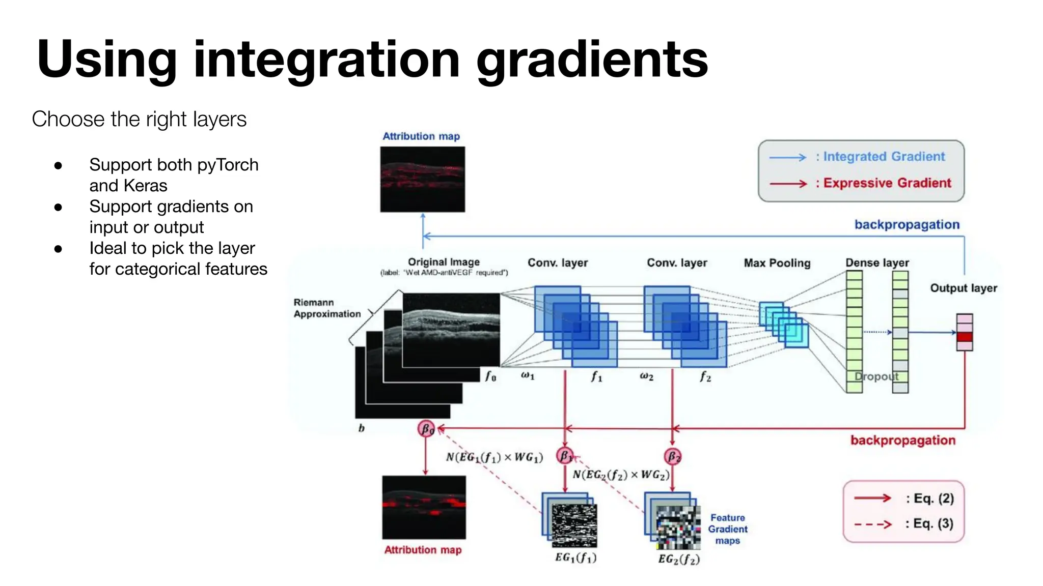 Using integration gradients
Choose the right layers
● Support both pyTorch
and Keras
● Support gradients on
input or output
● Ideal to pick the layer
for categorical features
 