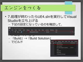エンジンをつくる

7.処理が終わったらUE4.slnを実行してVisual
Studioを立ち上げる
 下記の設定になっているのを確認して、


 メニューバーから
 「Build」→「Build Solution」
 でビルド
 