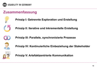 Zusammenfassung
18
Prinzip I: Getrennte Exploration und Erstellung
Prinzip V: Artefaktzentrierte Kommunikation
Prinzip III: Parallele, synchronisierte Prozesse
Prinzip IV: Kontinuierliche Einbeziehung der Stakeholder
Prinzip II: Iterative und Inkrementelle Erstellung
 