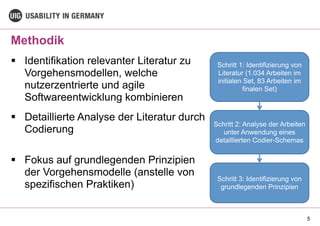 Methodik
5
§ Identifikation relevanter Literatur zu
Vorgehensmodellen, welche
nutzerzentrierte und agile
Softwareentwicklung kombinieren
§ Detaillierte Analyse der Literatur durch
Codierung
§ Fokus auf grundlegenden Prinzipien
der Vorgehensmodelle (anstelle von
spezifischen Praktiken)
Schritt 1: Identifizierung von
Literatur (1.034 Arbeiten im
initialen Set, 83 Arbeiten im
finalen Set)
Schritt 2: Analyse der Arbeiten
unter Anwendung eines
detaillierten Codier-Schemas
Schritt 3: Identifizierung von
grundlegenden Prinzipien
 