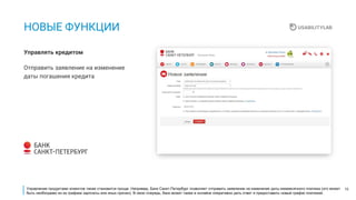 16
НОВЫЕ ФУНКЦИИ
Отправить заявление на изменение
даты погашения кредита
Управлять кредитом
Управление продуктами клиентов также становится проще. Например, Банк Санкт-Петербург позволяет отправить заявление на изменение даты ежемесячного платежа (это может
быть необходимо из-за графика зарплаты или иных причин). В свою очередь, банк может также в онлайне оперативно дать ответ и предоставить новый график платежей.
 