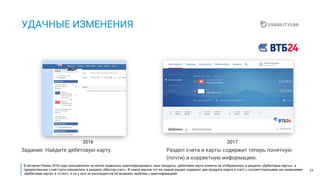 24
УДАЧНЫЕ ИЗМЕНЕНИЯ
Задание: Найдите дебетовую карту. Раздел счета и карты содержит теперь понятную
(почти) и корректную информацию.
В интернет-банке 2016 года пользователи не могли правильно идентифицировать свои продукты, дебетовая карта клиента не отображалась в разделе «Дебетовые карты», а
прикрепленные к ней счета находились в разделе «Мастер-счет». В новой версии тот же самый раздел содержит два продукта (карта и счет) с соответствующими им названиями
«Дебетовая карта» и «Счет», и ни у кого из респондентов не возикало проблем с идентификацией.
20172016
 