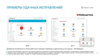 37
ПРИМЕРЫ УДАЧНЫХ ИСПРАВЛЕНИЙ
20172016
Добавили возможность безошибочного выбора перевода в другой банк (на карту) – ЮниКредит
В интернет-банке ЮниКредит Банк в 2017 году появилась возможность безошибочного выбора перевода на карту в другой банк. Те пользователи, которые не выбирали раздел
«Перевод с карты на карту вне банка», все равно без проблем могли выполнить это задание, так как раздел «Людям» содержит развилку, которая предлагает варианты, один из
которых «На карту другого банка» , поэтому и те, и другие пользователи правильно выполняли задание.
 