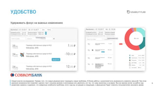 9
УДОБСТВО
Удерживать фокус на важных изменениях
Новый участик исследования. Пример того, что новые решения могут пораждать новые проблемы. В блоке работы с аналитикой есть возможность изменять масштаб. При этом
диапазон возможностей позволяет сделать текст слишком мелким и нечитаемым или увеличить его так, что саму аналитику и не видно. Все же хвалим коллег за работу над
развитием сервиса и надеемся, что найденные юзабилити-проблемы этого года мы не увидим в следующем, а функционал будет помогать пользователям экономить время.
 
