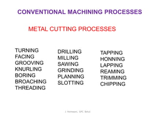 CONVENTIONAL MACHINING PROCESSES
METAL CUTTING PROCESSES
TURNING
FACING
GROOVING
KNURLING
BORING
BROACHING
THREADING
DRILLING
MILLING
SAWING
GRINDING
PLANNING
SLOTTING
TAPPING
HONNING
LAPPING
REAMING
TRIMMING
CHIPPING
J. Hemwani, GPC Betul.
 