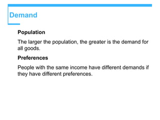 Demand
Population
The larger the population, the greater is the demand for
all goods.
Preferences
People with the same income have different demands if
they have different preferences.
 