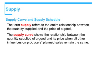 Supply
Supply Curve and Supply Schedule
The term supply refers to the entire relationship between
the quantity supplied and the price of a good.
The supply curve shows the relationship between the
quantity supplied of a good and its price when all other
influences on producers’ planned sales remain the same.
 