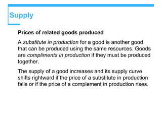 Supply
Prices of related goods produced
A substitute in production for a good is another good
that can be produced using the same resources. Goods
are compliments in production if they must be produced
together.
The supply of a good increases and its supply curve
shifts rightward if the price of a substitute in production
falls or if the price of a complement in production rises.
 