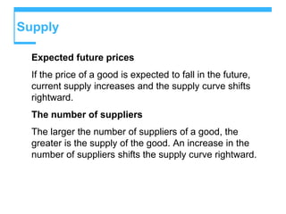 Supply
Expected future prices
If the price of a good is expected to fall in the future,
current supply increases and the supply curve shifts
rightward.
The number of suppliers
The larger the number of suppliers of a good, the
greater is the supply of the good. An increase in the
number of suppliers shifts the supply curve rightward.
 