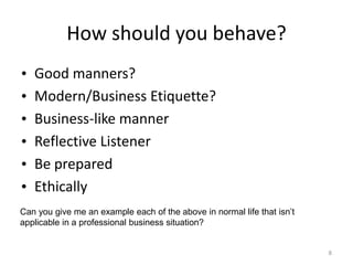 How should you behave?<br />Good manners?<br />Modern/Business Etiquette?<br />Business-like manner<br />Reflective Listen...