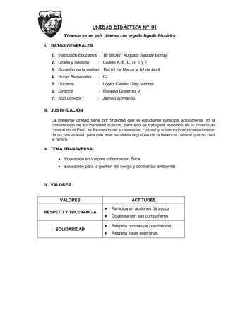 UNIDAD DIDÁCTICA Nº 01
Viviendo en un país diverso con orgullo legado histórico
I. DATOS GENERALES
1. Institución Educativa : Nº 88047 “Augusto Salazar Bondy”
2. Grado y Sección : Cuarto A, B, C, D, E y F
3. Duración de la unidad: Del 01 de Marzo al 02 de Abril
4. Horas Semanales : 02
5. Docente : López Castillo Gely Maribel
6. Director : Roberto Gutierrez V.
7. Sub Director : Jaime Guzmán G.
II. JUSTIFICACIÓN
La presente unidad tiene por finalidad que el estudiante participe activamente en la
construcción de su identidad cultural, para ello se trabajará aspectos de la diversidad
cultural en el Perú, la formación de su identidad cultural y sobre todo el reconocimiento
de su peruanidad, para que este se sienta orgulloso de la herencia cultural que su país
le ofrece.
III. TEMA TRANSVERSAL
 Educación en Valores o Formación Ética.
 Educación para la gestión del riesgo y conciencia ambiental.
IV. VALORES
VALORES ACTITUDES
RESPETO Y TOLERANCIA
 Participa en acciones de ayuda
 Colabora con sus compañeros
SOLIDARIDAD
 Respeta normas de convivencia
 Respeta ideas contrarias
 